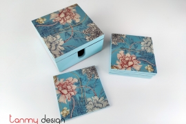 Set of  6 blue hand-painted carnation coasters with box 